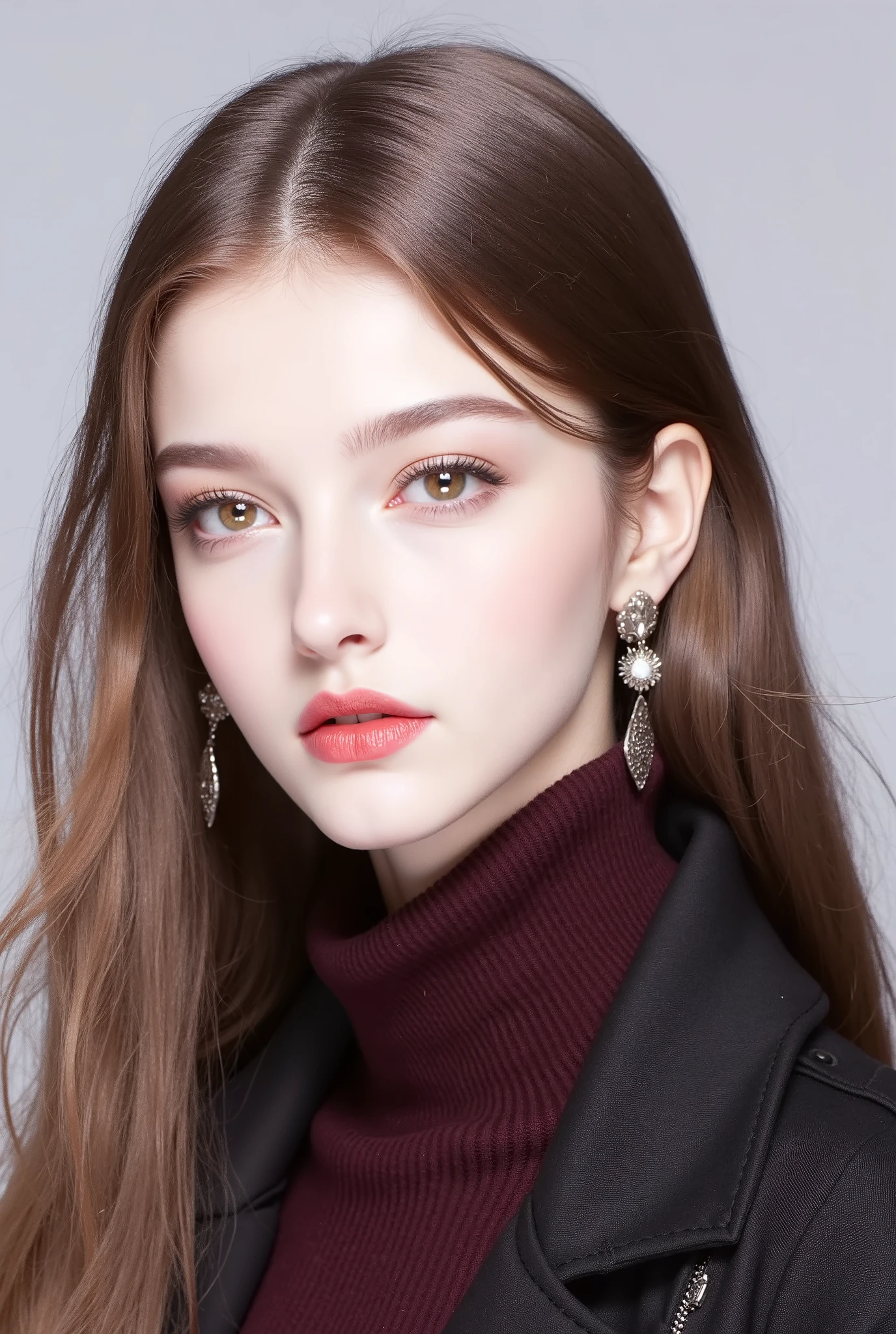 Girl, long brown hair, smooth stage stylist, brown eyes, sharp features, light white skin, thick eyelashes, sharp nose, shiny pink lips, beautiful, perfect, elegant, wearing a dark maroon sweater, black jacket, high quality resolution, clear bright colors.