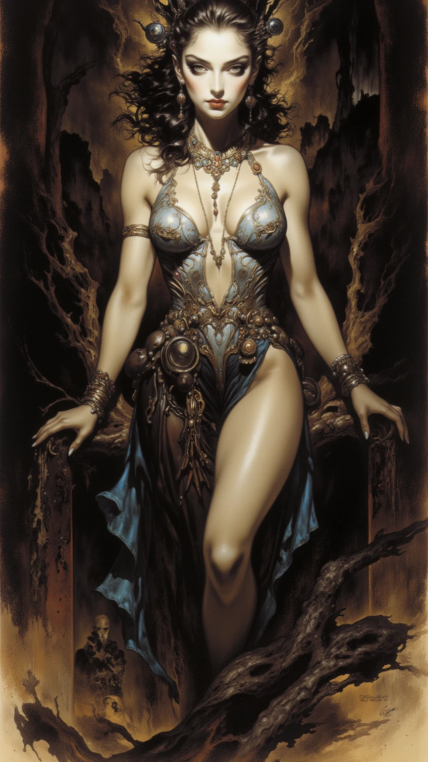 (melhor qualidade, Obra de arte), (tarot, tarot card,:1.1) em foto de corpo inteiro, mulher loira platinada solo como a poderosa Lady Death, ((Dourado card frames)), ((esoteric symbols)), sigils, fundo preto, Dourado, esoteric and glorious, epic background, Vibe Epic, in the artstyle of Mucha and in the style of tarot card