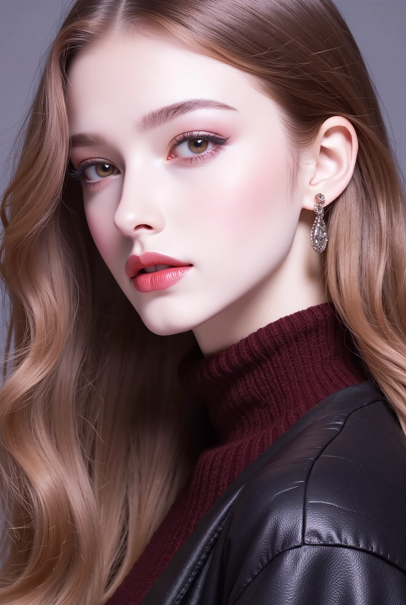 Girl, long brown hair, smooth stage stylist, brown eyes, sharp features, light white skin, thick eyelashes, sharp nose, shiny pink lips, beautiful, perfect, elegant, wearing a dark maroon sweater, black jacket, high quality resolution, clear bright colors.