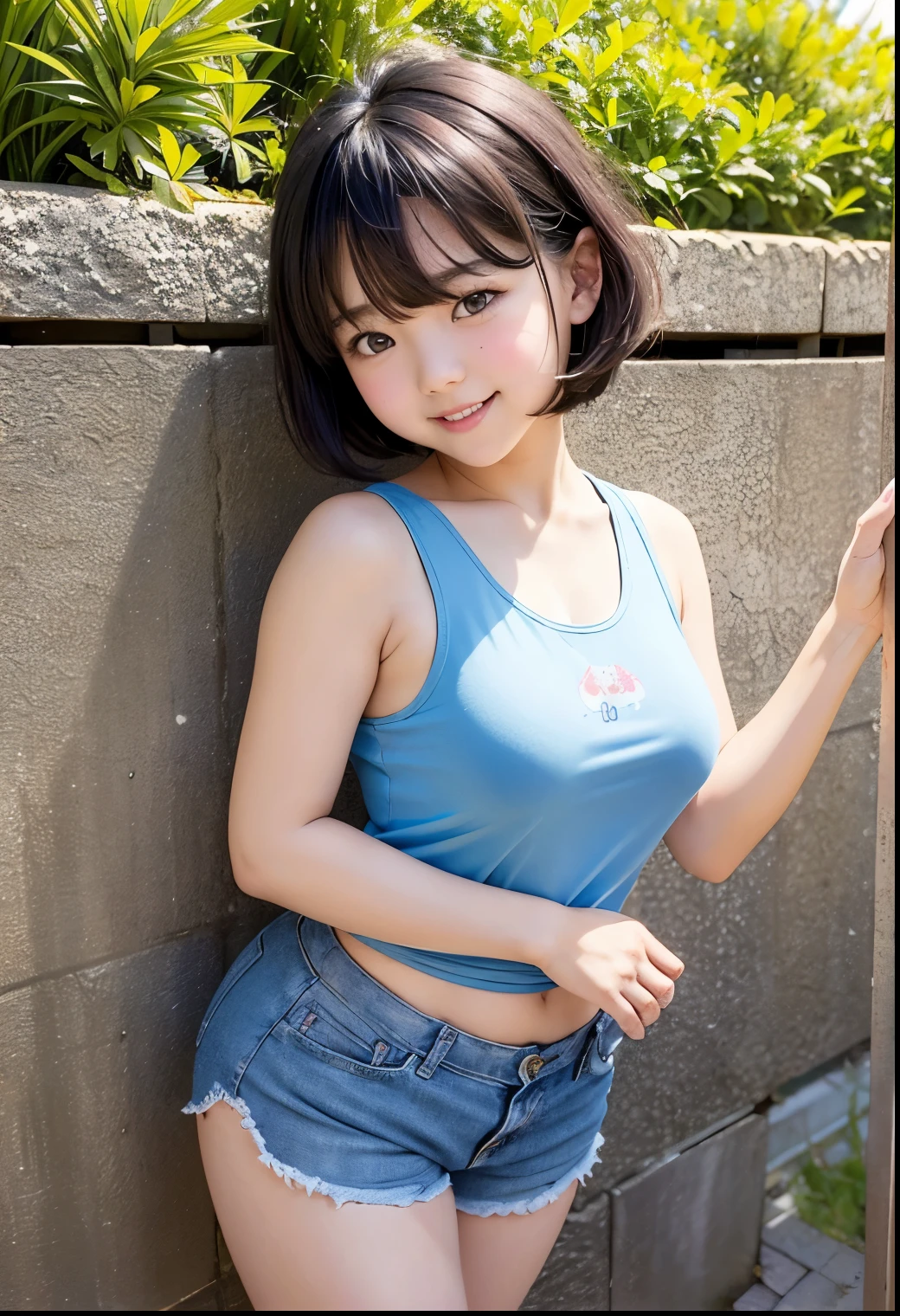 ( best quality,masterpiece:1.3, Ultra High Resolution),( very well detailed、 caustics) ( exists:1.4, RAW shooting、)Ultra- exists Capture、 very well detailed、 natural skin texture isolated on pale blue background 、masterpiece、(Japanese wearing printed tank top 、 Japanese elementary school girl wepants:1.3)、 adorable expression 、Expressions of joy、、: 、baby face、 innocent girl、 amazingly cute、 bob s、 black hair、Big Breasts、 Glowing Thighs、Residential Sidewalk 、Background details、smile、 An inviting gaze 、( anatomically accurate)、 attention to detail 、Stand with your back against a wall、