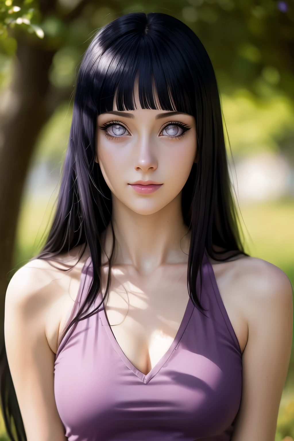 masterpiece, cinematic look, breast :1.1, HDR : 1.2, ultra lightening, ultra detailed, high quality 8k resolution, background: in garden of purple petal trees, highly detailed image, light hearted smirk, exposed navel,body image from head to thighs, HinataNS, Hinata hyuga, from anime Naruto,revealing midriff, hair bangs, long hair,hourglass figure, realistic,
created a masterpiece, with a design similar to a realistic version of the character in the anime Naruto Shippuden (Hinata Hyuga), character details,She has a delicate appearance and gentle expressions,pearl coloured pupils,shiny skin,clothes: she wears lavender coloured small tube top with deep neckline, mini skirt, revealing cleavage,pose : standing with hand in hair pose, looking at viewer