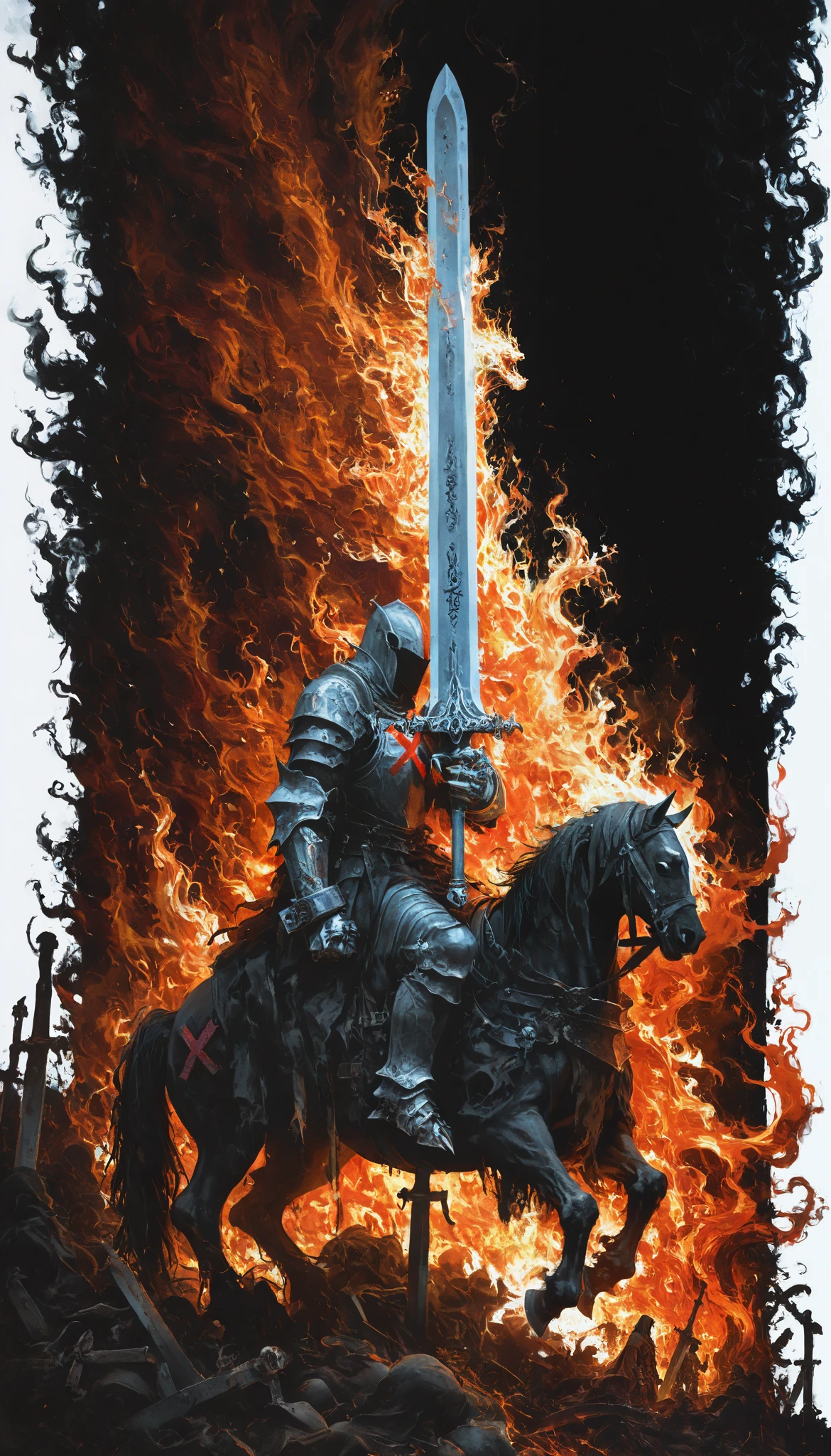 ( 1 number ,drawing with black watercolors on a white background,arms in the shape of x, Heroic pose ,epic, clenched fists ,steel claws sticking out from between the cuffs), Horseman of the Apocalypse,(Fire horse),riding, colossal sword,broad sword,guys,Sword with Trapped Souls,faces in agony coming out of the sword,sword in the hand,partially lifting the sword
