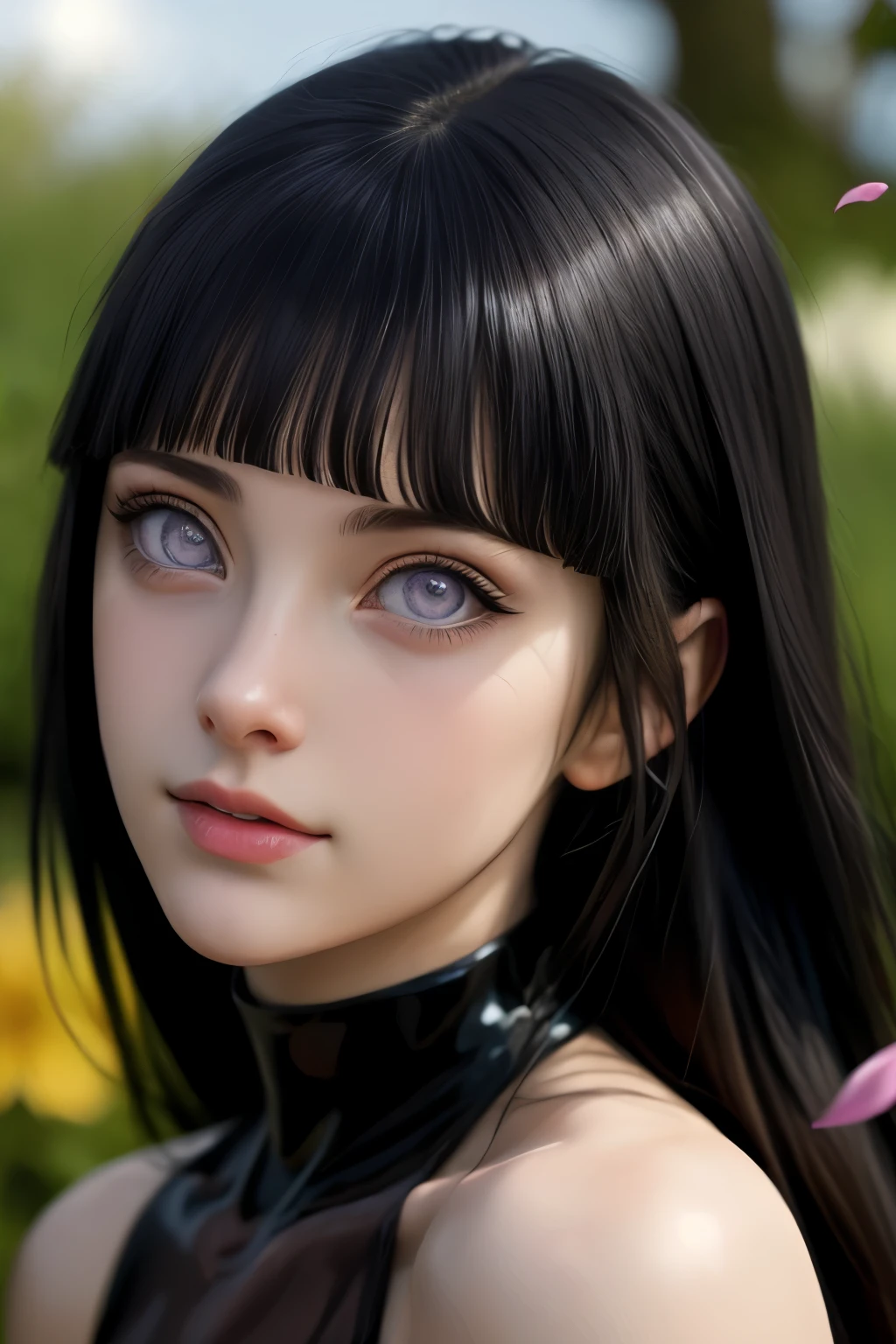 masterpiece, cinematic look, breast :1.1, HDR : 1.2, ultra lightening, ultra detailed, high quality 8k resolution, background: in garden of purple petal trees, highly detailed image, light hearted smirk, exposed navel,body image from head to thighs, HinataNS, Hinata hyuga, from anime Naruto,revealing midriff, hair bangs, long hair,hourglass figure, realistic,
created a masterpiece, with a design similar to a realistic version of the character in the anime Naruto Shippuden (Hinata Hyuga), character details,She has a delicate appearance and gentle expressions,pearl coloured pupils,shiny skin,clothes: she wears lavender coloured small tube top with deep neckline, mini skirt, revealing cleavage,pose : standing with hand in hair pose, looking at viewer