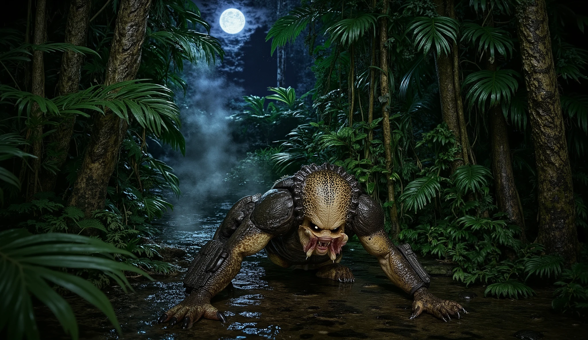 "A fearsome predator lying low in a dense jungle at night, partially concealed by thick foliage. Its muscular body is stretched out, claws lightly digging into the damp earth, ready to pounce at any moment. Moonlight filters through the towering trees, casting eerie shadows across its textured, camouflaged skin. Mist swirls around the jungle floor, and faint bioluminescent plants add a ghostly glow to the surroundings. The predator's glowing eyes pierce through the darkness, scanning its territory. The atmosphere is tense, with distant echoes of nocturnal creatures and rustling leaves, as if something unseen is lurking just beyond view."