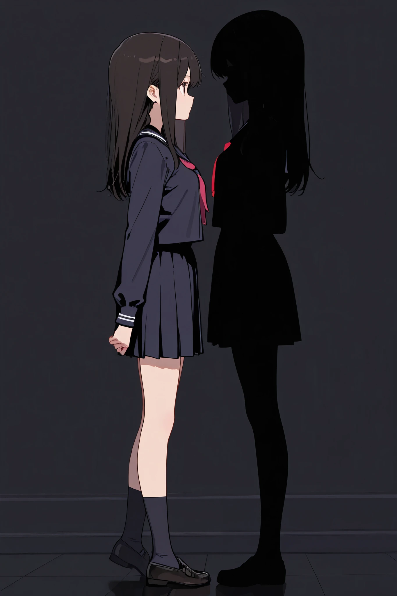 masterpiece, best quality, highest resolution, (1girl, school uniform, long hair, standing,side view)and (1 mob, black shadow figure, standing, side view,) 