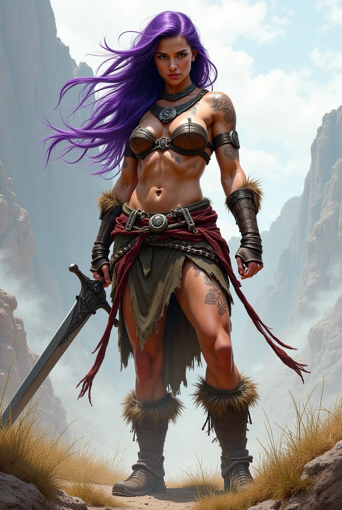 A highly detailed and photorealistic 3D image of a fierce female warrior standing on a pile of corpses and skulls under a purple sky. She has her hair tied up and war paint on her face. She is wearing a leather top that leaves her stomach exposed, leather and fur shorts, and fur boots. She holds a large sword in her hand and is in a combat pose, looking ferociously at the viewer.
