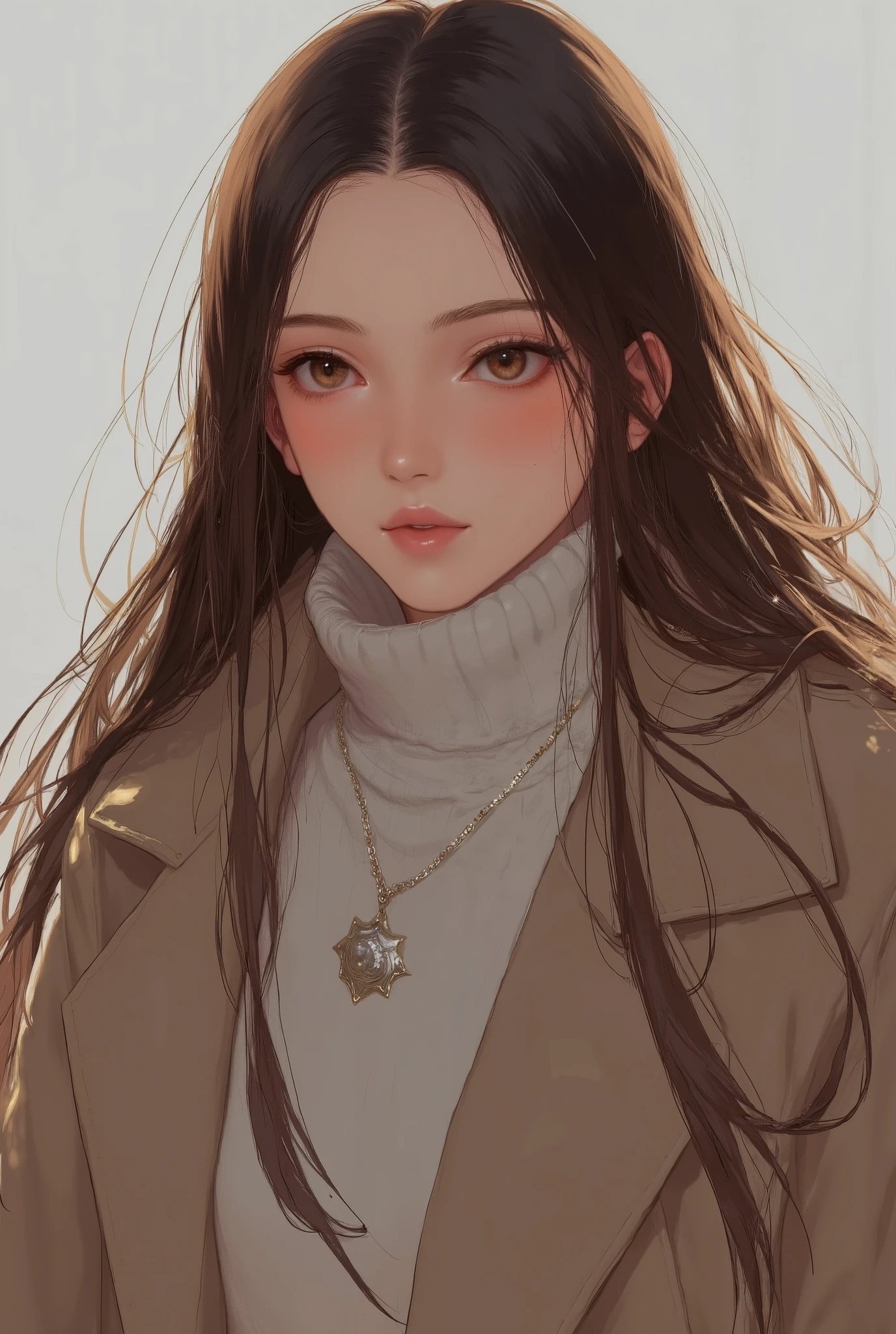 Girl, long straight brown hair, brown eyes, sharp features, sharp nose, light white skin, bright pink lips, beautiful, perfect, elegant, wearing winter clothes, high quality resolution, clear colors.
