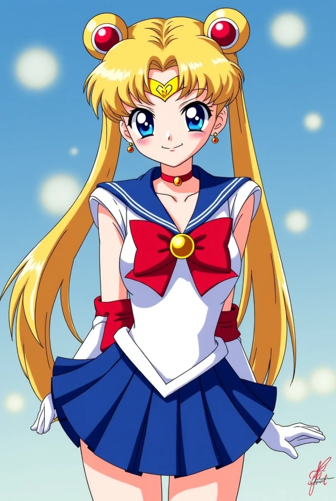 (masterpiece),(sailor moon) (risograph) best quality, full-body shot, expressive eyes, perfect face, medium breast, good breast, beautiful, gorgeous ,sitting on a couch, blonde, medium shot, indoors, lab, cleavage, aausagi, double bun, twintails, parted bangs, circlet, jewelry, earrings, choker, red bow, white gloves, elbow gloves, blue skirt, feminine, blushing,
