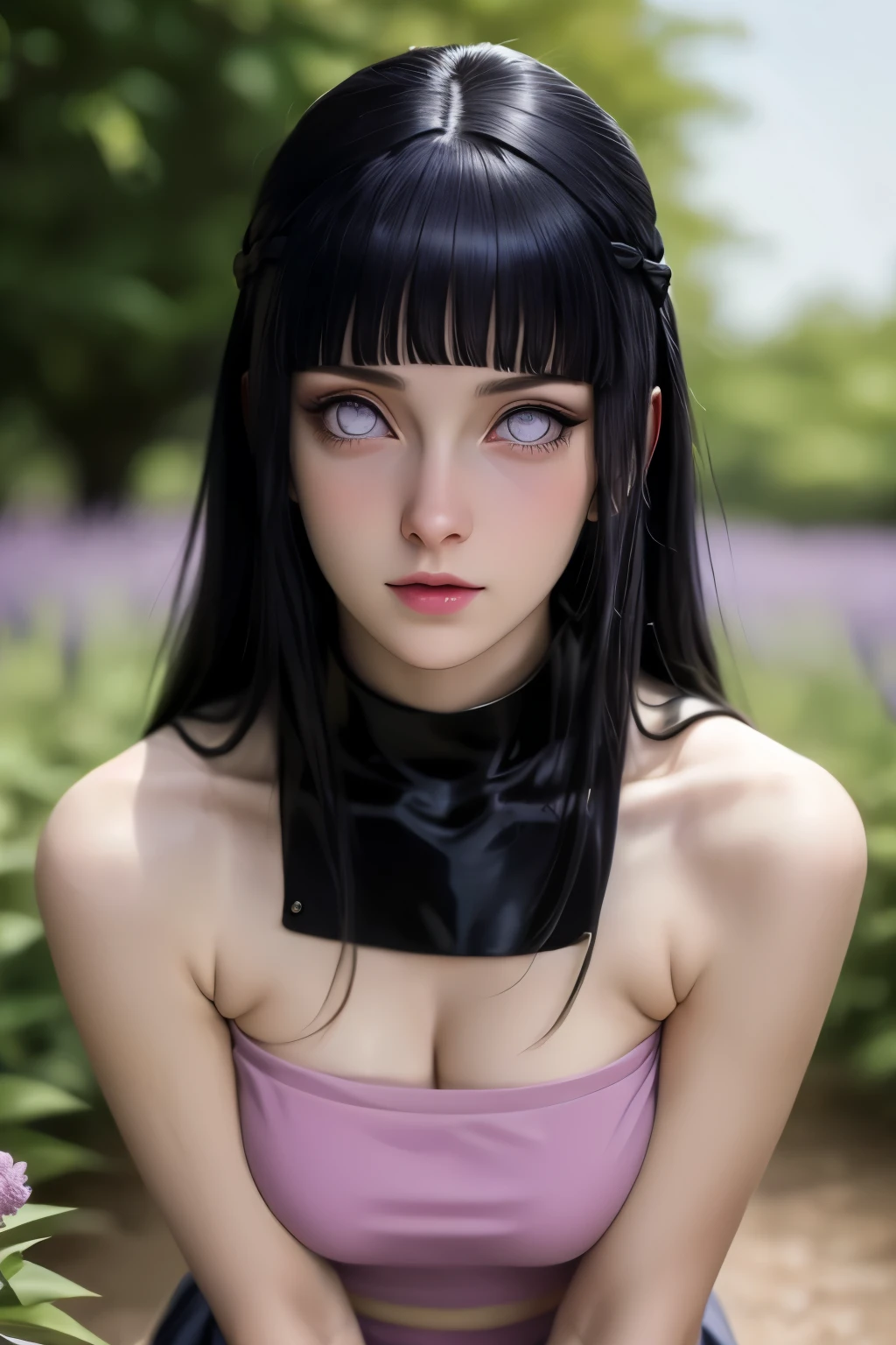 masterpiece, cinematic look, breast :1.1, HDR : 1.2, ultra lightening, ultra detailed, high quality 8k resolution, background: in garden of purple petal trees, highly detailed image, light hearted smirk, exposed navel,full body image (from head to thighs), HinataNS, Hinata hyuga, from anime Naruto,revealing midriff, hair bangs, long hair,hourglass figure, realistic,
created a masterpiece, with a design similar to a realistic version of the character in the anime Naruto Shippuden (Hinata Hyuga), character details,She has a delicate appearance and gentle expressions,pearl coloured pupils,shiny skin,clothes: she wears lavender coloured small tube top with deep neckline, mini skirt, revealing cleavage,pose : standing with hand in hair pose, looking at viewer, full body image