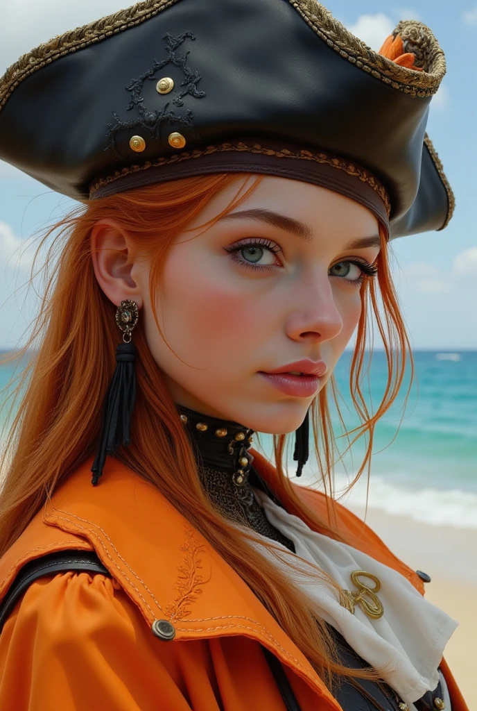 character, anime girl, white with freckles on her face. green eyes. redhead. pirate. Junto a Jack Sparrow. whole body. Black eye makeup. funny face.