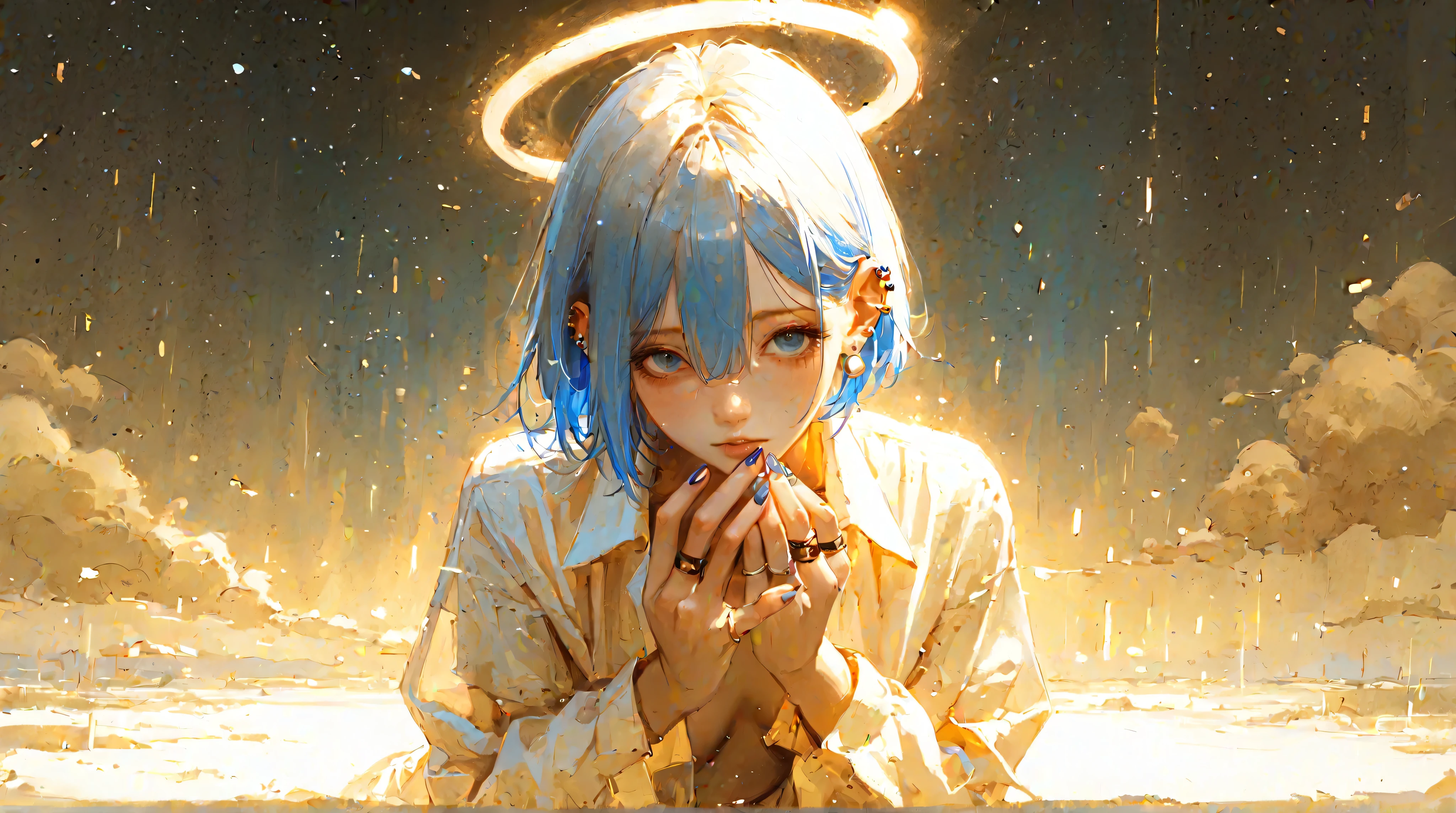 "Best quality, masterpiece, absurdres, newest, (atnr style, realistic), solo, jewelry, earrings, 1girl, ring, shirt, textured multicolored background, fully blue hair, white shirt, looking at viewer, short hair, simple vivid textured background, bangs, shirt, single blue-colored hair, nail polish, blue eyes, piercing, eyelashes, upper body, ear piercing, long sleeves, blue hair, hair between eyes, open eyes, vivid theme, open shirt, fingernails, open clothes, streaked hair, hallucinatory state, soft ethereal glow, heavenly atmosphere, light filtering through, dazed expression, hands pressed together in delicate prayer, fingers trembling slightly, eyes partially open as if in a trance, fragile yet serene, faint golden aura surrounding her, soft floating particles resembling dust illuminated by celestial light, subtle halo-like glow forming around her head, surreal and otherworldly mood.
A digital illustration in an anime style, featuring a young woman kneeling on the ground, overwhelmed by an unexplainable divine presence, her face turned slightly upward, as if seeking guidance from an unseen force. Her pale skin contrasts with the soft, radiant atmosphere, bruises faintly visible yet not overpowering, a symbol of both suffering and grace. Her clothes are loose and slightly disheveled, as if she has been in deep prayer for a long time.
The background is surreal and dreamlike, a vast, endless space infused with gentle golds, soft blues, and ethereal whites, resembling a sacred vision rather than a physical place.. The air feels still yet charged with an unearthly presence, the silence deep, almost sacred.
The illustration is highly detailed, with delicate brushstrokes enhancing the texture of her hair, the soft folds of her clothing, and the intricate play of light and shadow across her face. The illustration is highly detailed, with delicate brushstrokes enhancing the texture of her hair, the soft folds of her clothing, and the intricate play of light and shadow
