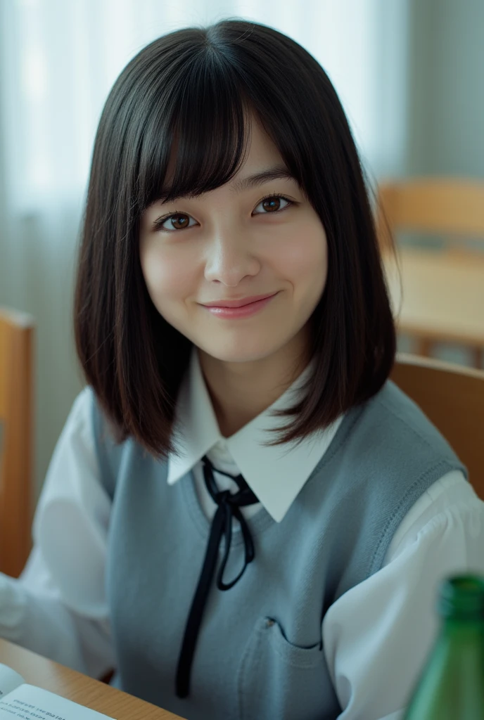 Best-quality, Masterpiece, Ultra-High-Resolution, (Photorealistic:1.4), Raw-Photo, 1girl, solo, 12-years-old, the most famous Japanese idol, (wearing Japanese-high-school-uniform), innocent smile, (extremely cute face like the most popular Japanese idol, (((extremely beautiful big-black-eyes))), extremely beautiful black-short-cut-haired), extremely beautiful long-eyelashes, extremely beautiful lips, extremely beautiful skins, detailed Japanese-high-school-uniform