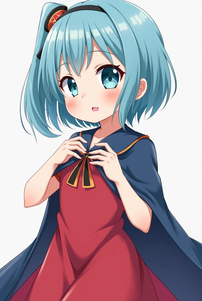1girl, Kogasa Tatara, short teal hair, (heterochromia: blue right eye, red left eye), blue capelet, frills, white long-sleeved shirt, frills, (white blouse: 1.1), (white shirt: 1.1), teal skirt, high-waist skirt, cartoon, detailed clothes, thin female, cyan shawl, masterpiece, hands on face, large breasts