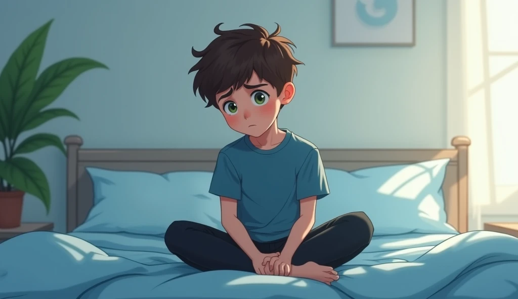 The bored boy gets up from the bed and sits 2D Photo
