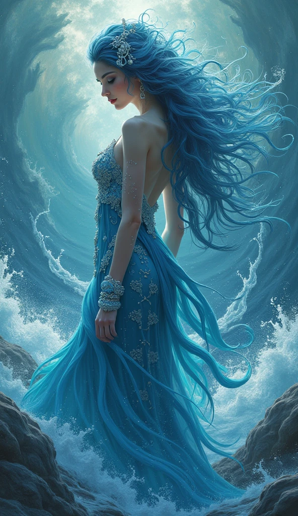 1girl,solo,light_blue_hair,liquid hair, long hair,floating hair, full body, standing,sundress, liquid clothes, water,waves, tsunami,tide,sea,water dress,fantasy, high contrast, ink strokes, explosions, over exposure, purple and red tone impression , abstract, ((watercolor painting by John Berkey and Jeremy Mann )) brush strokes, negative space, <lora:LiquidClothesV1:1>
