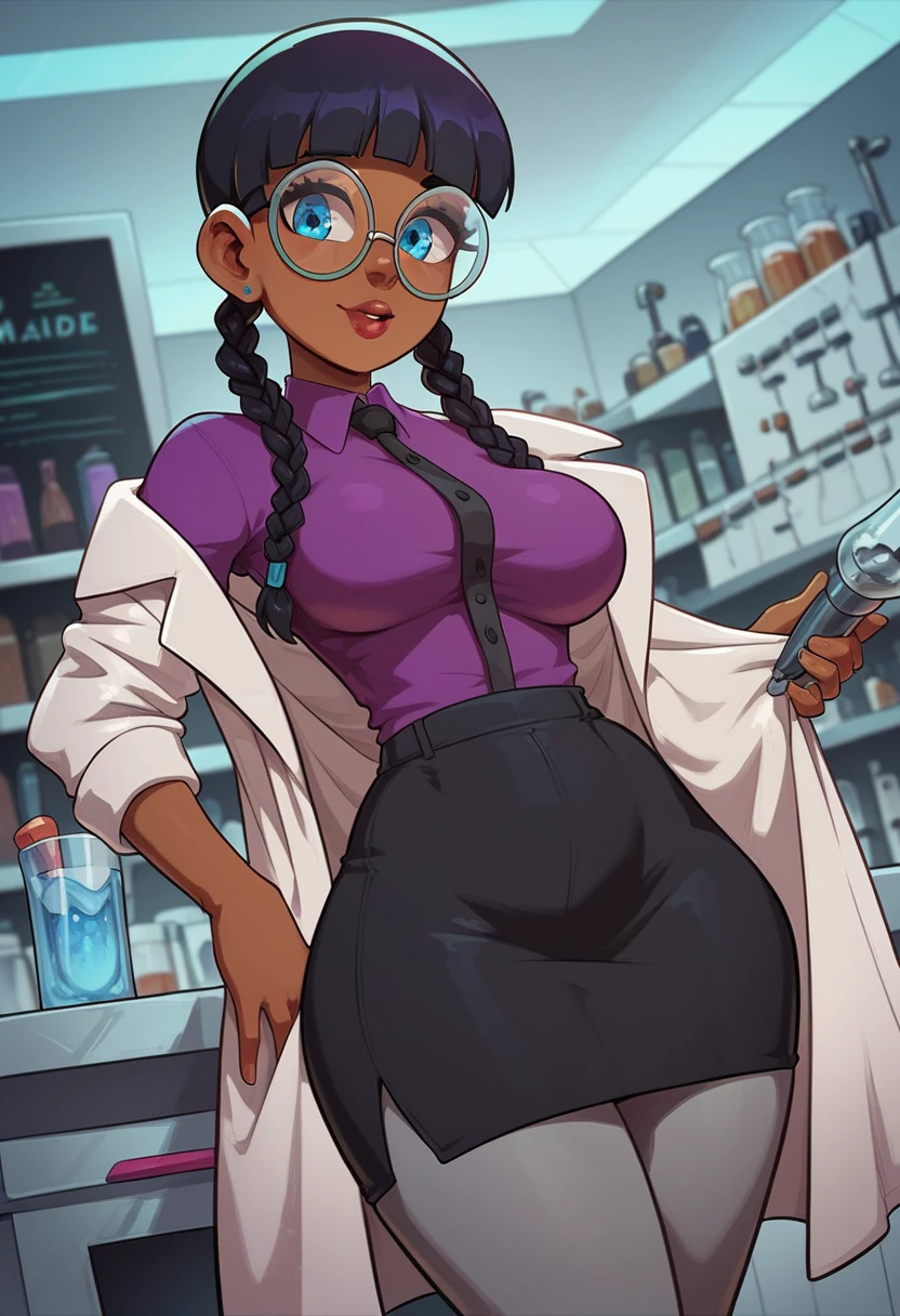 there is a (tall and curvy athletic) beautiful aroused  older dark-skinned Senegalese MILF (entist)) with long dark-green hair leaning against bookshelf posing confidently, (panting erotic expn With hand on chest) in a lab study room, (mess of ((herbal joints)) and beakers and teapot beside her on desk), (wearing luxurious lab coat with tight tube top and tight cotton yoga pants, (very small flat breasts) and daiel piercing), (wearing emerald jewel necklace), (wearing leather gloves), (copious incense burning in background), (overgrown potted cannabis sativa plants) legs), (llama sleeping outside of window)