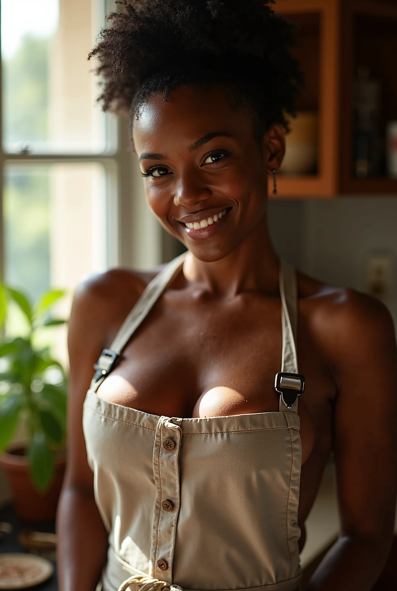 best quality, ultra-detailed, hyper realistic, 8k, full body shot, 23 years old, Nigerian beautiful girl, round shaped face, dark black skin, highly detailed skin with blemishes, ebony, dark natural afro hair, fit athletic figure, full body, big D cup breasts, wide hips, wearing sexy white night gown, smiling, provocative expression, sexy alluring pose, realistic shinny skin, in the kitchen