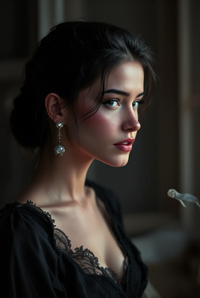 An amazing portrait of a beautiful brunette woman in dark dress, hazel eyes, dark hair, straight hair, ponytail, great facial feature, perfect eyes, ultra realistic eyes, perfect face, perfect body, cinematic, color analog film photo, intimate posing, realistic hair, ((Perfect Face)), ((Sexy Face)), full shot of a sexy beautiful girl, Photograph, photorealistic, Evocative Pose, ((cute)), sexy pose, (Looking at Viewer), artgerm, cinematic lighting, very high detailed, foggy background, shot on Fujifilm Superia 400, Short Light, 32k, cinematic composition, professional color grading, film grain, atmosphere, wondrous, very stormy . faded film, desaturated, 35mm photo, grainy, vignette, vintage, Kodachrome, Lomography, stained, highly detailed, found footage , film grain, photography, photoshoot, cinematic lighting, volumetric lighting, insanely detailed, hot, sexy, very seductive, super model, (photorealistic:1.3), (highest quality:1.3), (film grain:1.3), ( world's best photography:1.3), (professional Photo:1.3), (detailed details:1.3), (cinematic light:1.3), ( cinematic color:1.3), maximum depth of field, film photography, ( intricate details:1), (hyperdetailed:1), (((SFW))), ((forward facing)), natural breasts, sexy clothes, beautiful lips, light skin, black hair, braided ponytail, ponytail, closed mouth, expressionless, first-person view, pov, Nikon, depth of field, UHD, masterpiece, anatomically correct, super detail, high details, high quality, award winning, best quality, highres, wearing dark robes, hogwarts background