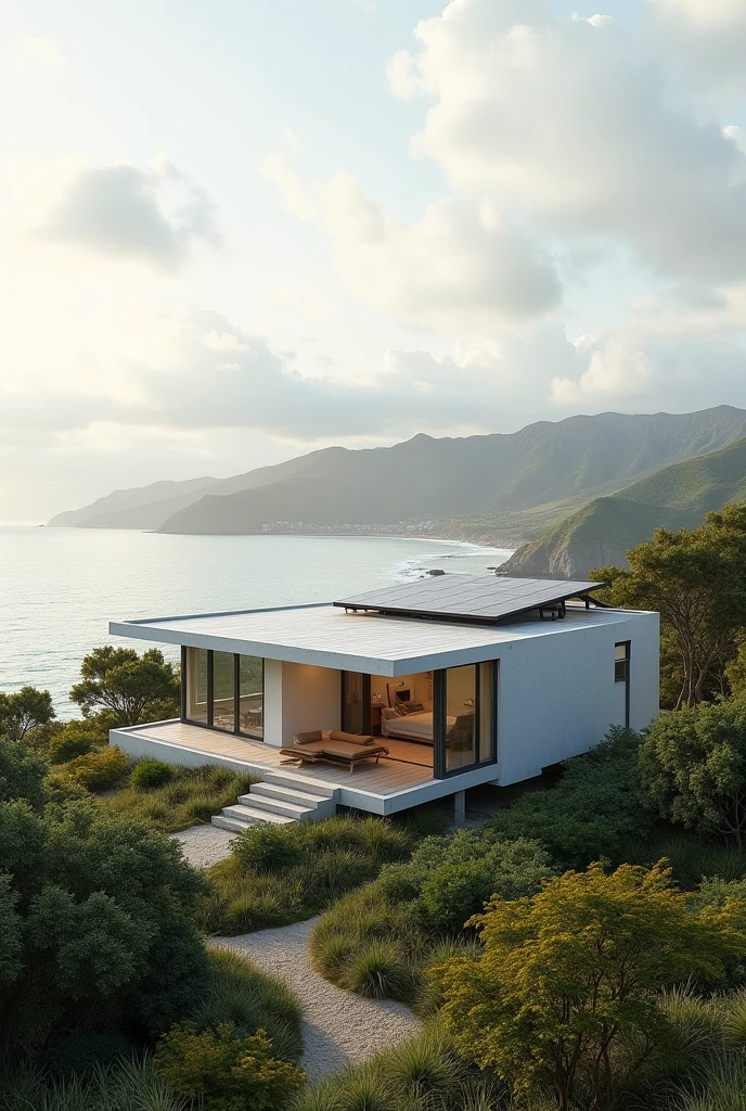 beach house with solar panels cloudy sky