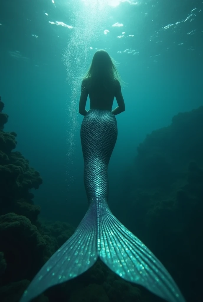 woman, black hair, mermaid type, long fish tail, mythological being, underwater, looking at the camera, photorealistic