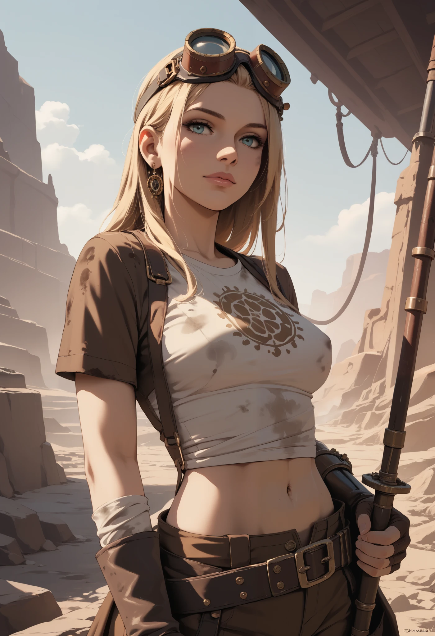 Pin-up Image is a cartoon artwork. A steampunk blonde woman donning goggles on her head, clad in a dirty cropped t-shirt, holding a big spanner, smoky forge on background. This captivating image is masterfully captures the essence of a steampunk world. Every detail is meticulously crafted from the intricate gears and machinery adorning her attire to the smudges of soot on her skin. The artist's skill shines through, creating a vivid and dynamic scene that transports viewers to a realm of mechanical and industrial atmosphere.