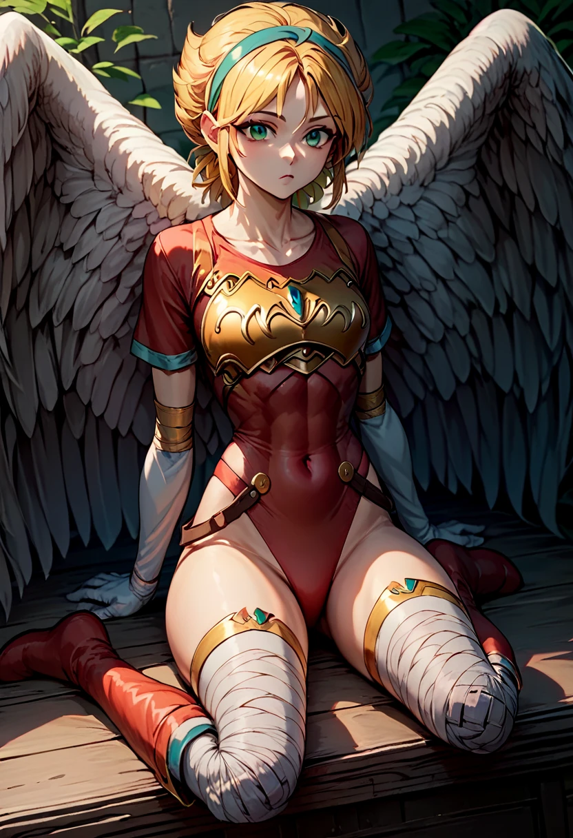 <lora:Nina_BOF1-10:1> nina (bof1), angel wings, red leotard, armor, thighhighs, short hair, solo, sky