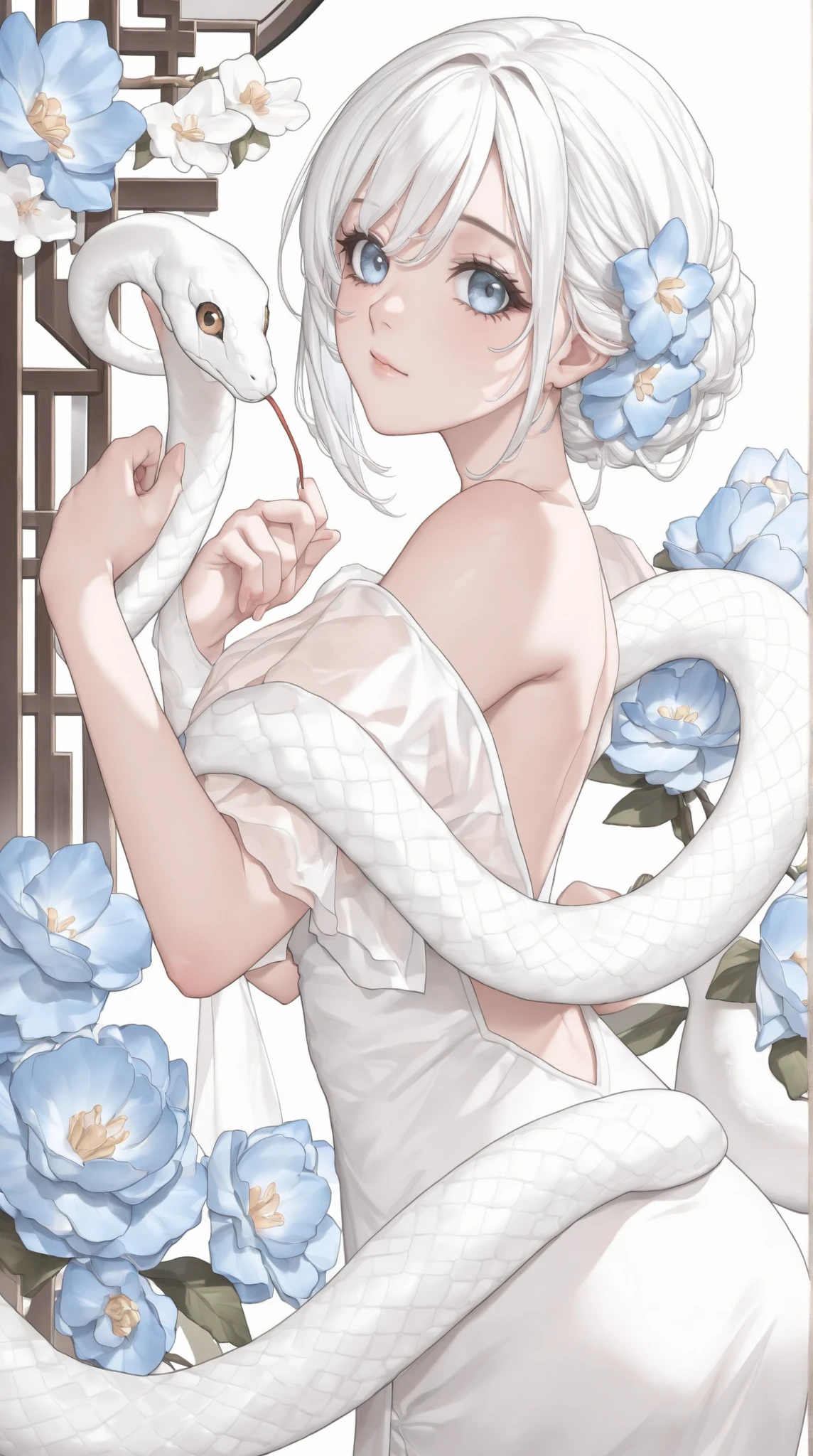 A Greek nymph in elegant bridal clothing based on a white lily and the lily flower, Two thorny vines of white lilies emerge from his back, which he uses as whips along his left arm., He has teal marks on his leg. , wear a belt with the symbol of purity. She is dressed like a princess, he lives in the jungle,