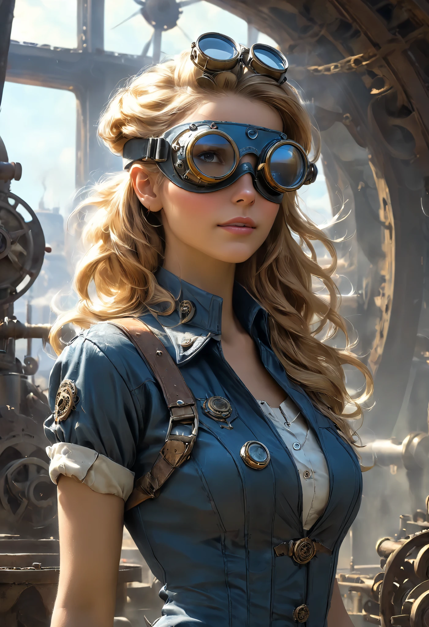 Pin-up Image is a cartoon artwork. A steampunk blonde woman donning goggles on her head, clad in a dirty cropped t-shirt, holding a big spanner, smoky forge on background. This captivating image is masterfully captures the essence of a steampunk world. Every detail is meticulously crafted from the intricate gears and machinery adorning her attire to the smudges of soot on her skin. The artist's skill shines through, creating a vivid and dynamic scene that transports viewers to a realm of mechanical and industrial atmosphere.