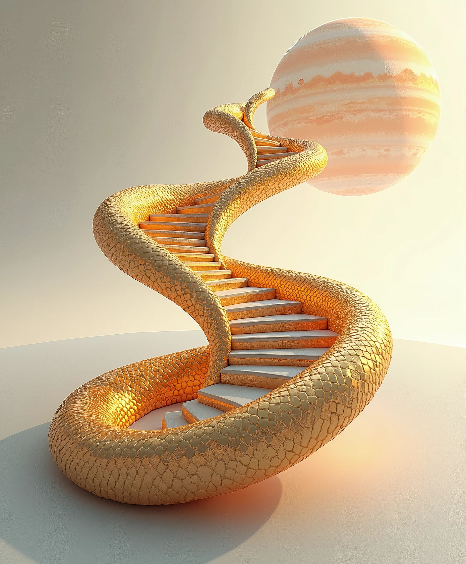 A snake With golden scales In the organic form of an interior staircase. In the background you can see the planet Jupiter in space. utopian White