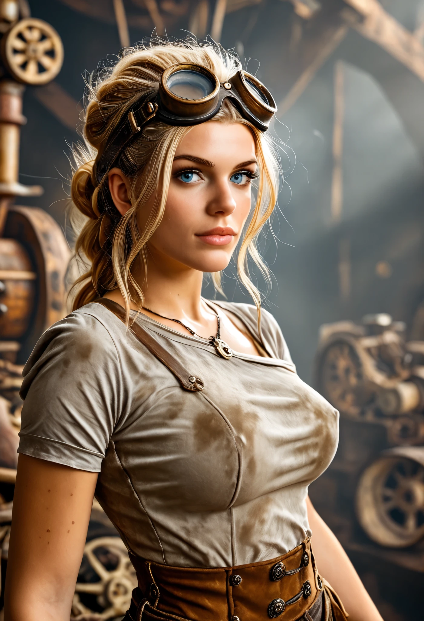 Pin-up Image is a cartoon artwork. A steampunk blonde woman donning goggles on her head, clad in a dirty cropped t-shirt, holding a big spanner, smoky forge on background. This captivating image is masterfully captures the essence of a steampunk world. Every detail is meticulously crafted from the intricate gears and machinery adorning her attire to the smudges of soot on her skin. The artist's skill shines through, creating a vivid and dynamic scene that transports viewers to a realm of mechanical and industrial atmosphere.
