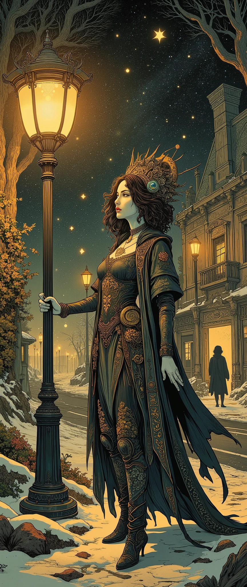 Full-length single female figure under a street lamp, Art Nouveau style, night, starry sky, detailed image, dramatic pose, fantasy elements, floral motifs, bright colors, intricate decorative patterns, high resolution, 8K, stylization, sepia, professional digital art