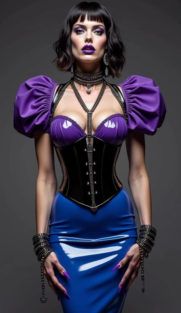  A beautiful 40 year old woman wearing a chain corset and a ((chain punk)) aesthetic. She has long hair in pigtails and belts and straps accentuate her figure. Punk clothing Maxi rock high heels boots. Full body pose standing dancing frontal to the camera. The overall theme of the image revolves around chains, which symbolize strength and sensuality. The image should be high quality, with highly detailed features and a realistic, photorealistic style. The color palette should be vibrant, with an emphasis on metallic tones and dark shades. The lighting should create a dramatic effect, highlighting the contours of the woman's body and the intricate details of the necklace