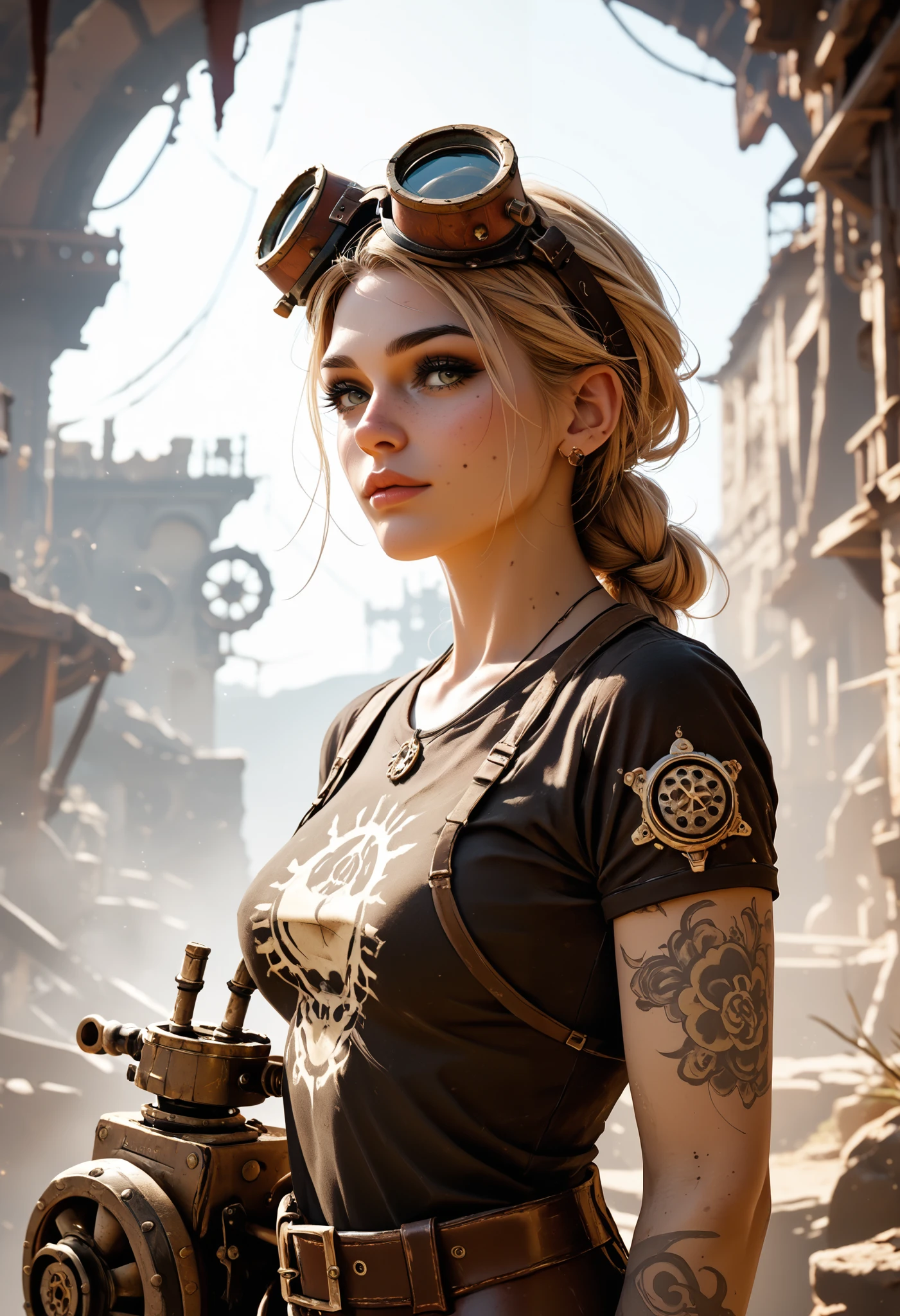 Pin-up Image is a cartoon artwork. A steampunk blonde woman donning goggles on her head, clad in a dirty cropped t-shirt, holding a big spanner, smoky forge on background. This captivating image is masterfully captures the essence of a steampunk world. Every detail is meticulously crafted from the intricate gears and machinery adorning her attire to the smudges of soot on her skin. The artist's skill shines through, creating a vivid and dynamic scene that transports viewers to a realm of mechanical and industrial atmosphere.