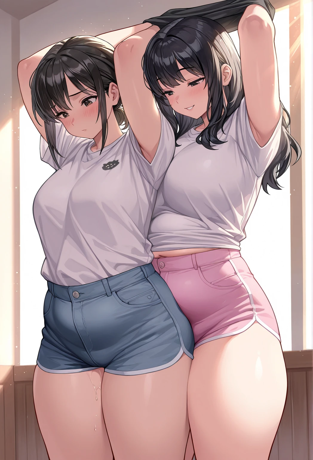 2girls,adult,lineup,side by side,black hair,light eyes,(leg,up:1.3),cowboy shot,masterpiece,best quality,very aesthetic,absurdres ,(Lace panties:1.2),(standing),leg split,Cameltoe,