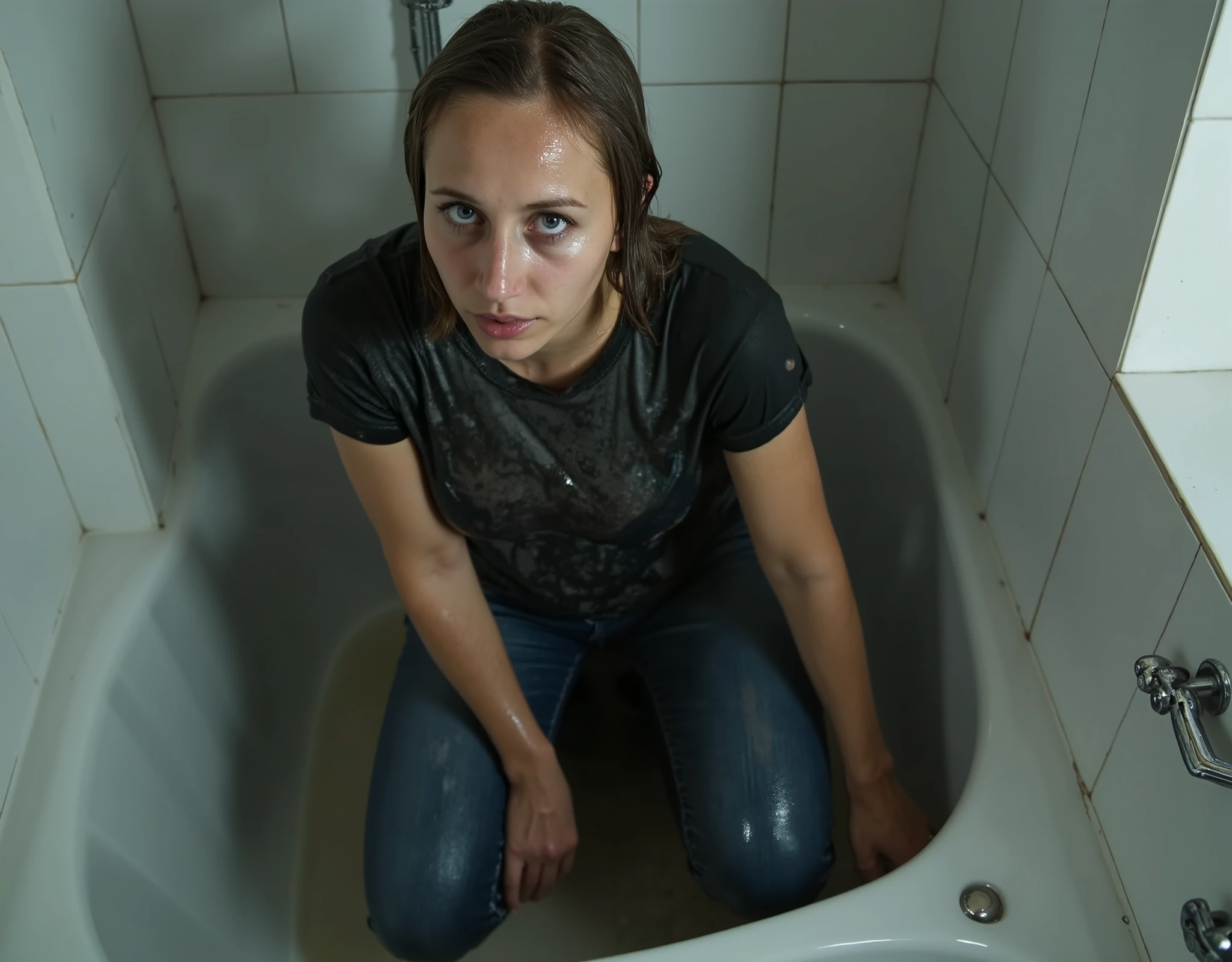 Jeans,(covered with mud:1.2), (Best Quality,hight resolution:1.2),wrinkles,Bob haircut,Detailed eyes and face,expression of despair,blouse,Dark and moody lighting,shameful fetish atmosphere,desperation,Bathroom,(In a mud bath),Fading woman