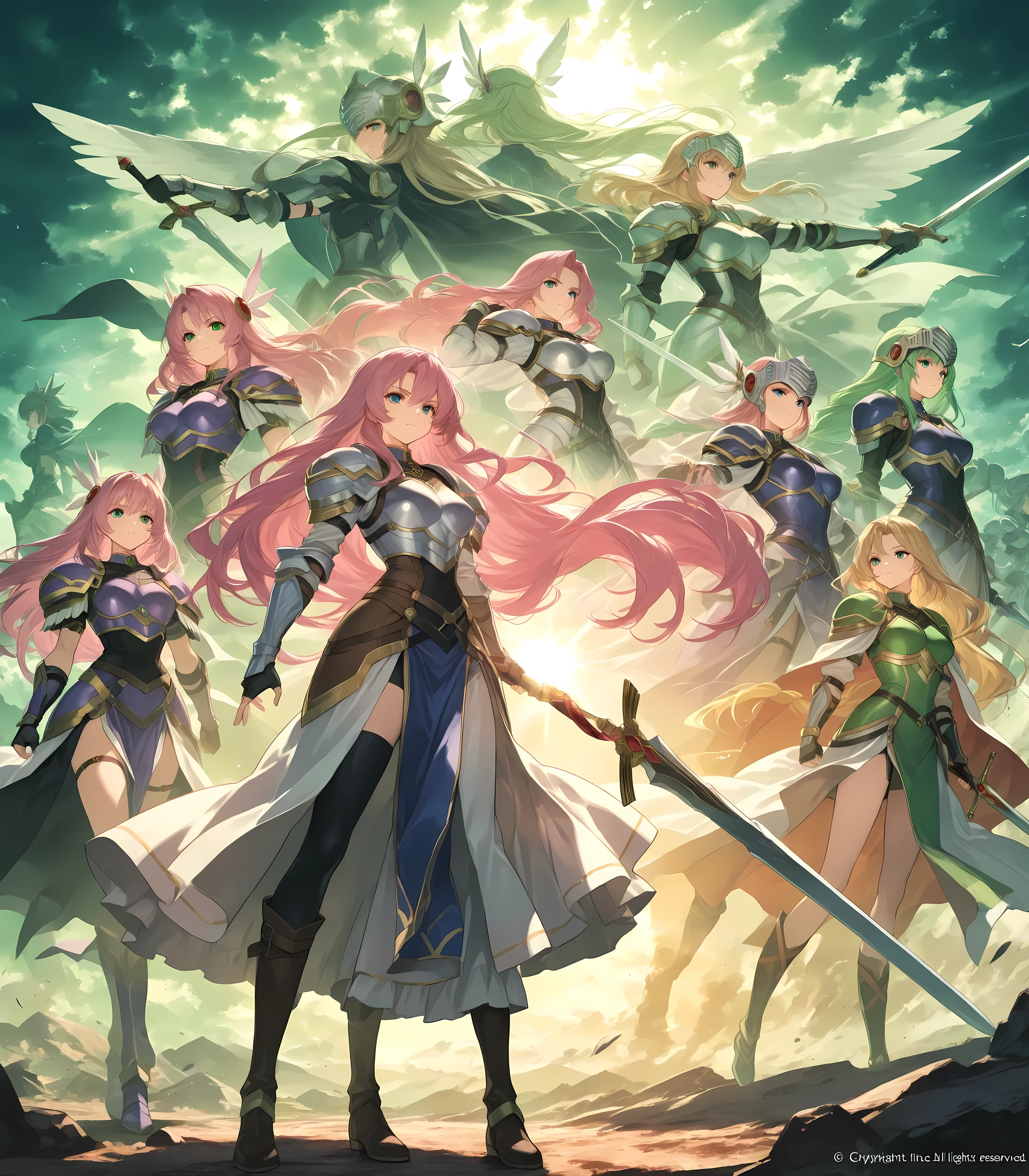5girls, a group of 5 anime warrior girls valkyries, Valkyrie Profile,large cape, wasteland, Wearing a soft armor,big large bosom (inside armor's breastplate), broadsword on her hand,serious, curvy body, milf's hips, They're cavalry (but rides a wolf), riding a giant wolf (they're riding  giant wolves), Wearing valkyrie's helmet+pads+breastplate+cape+belt+very long skirt+boots, sunlight, Their armors And hair ARE of different colors, masterpiece, she have an extremely long lenght pink hair (the other Valkyrie's Have different hairstyles And Hair's colors. Their hair colors are: blue, black, purple, green, violet, blondie, silvery green, and red), best quality, amazing quality, detailed background, intricate details