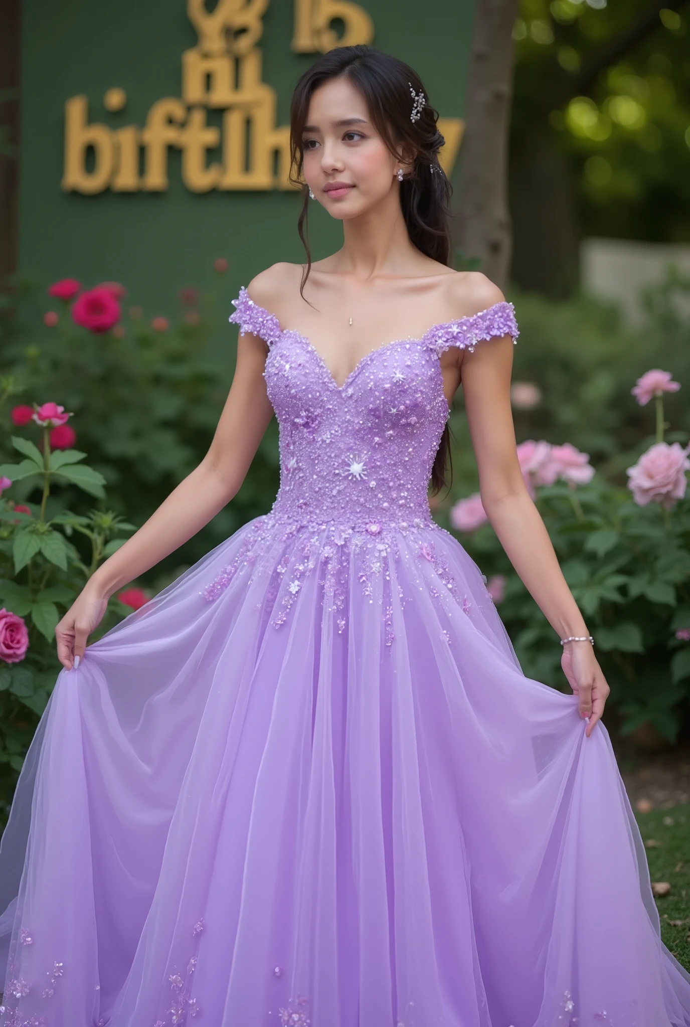 Lebanese woman, diamond dangling earrings, necklace, bracelets, small breasts, 40 years old, smokey eyes, cleavages, red lips, innocent face, light purple fashion ball gown, stylish hairstyle, posing, modeling, garden background, sunshine, sunset