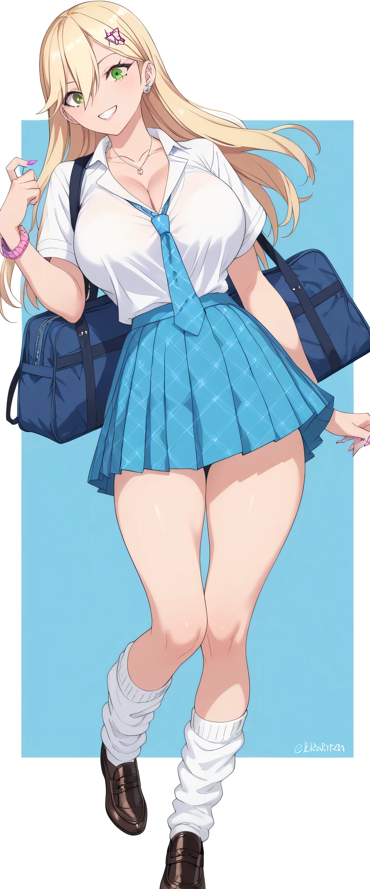 KJOaria, 1girl, solo, gyaru, blonde hair, green eyes, long hair, large breasts, cleavage, skirt, necktie, socks, loose socks, school uniform, shoes, white socks, blue necktie, white shirt, shirt, black footwear,