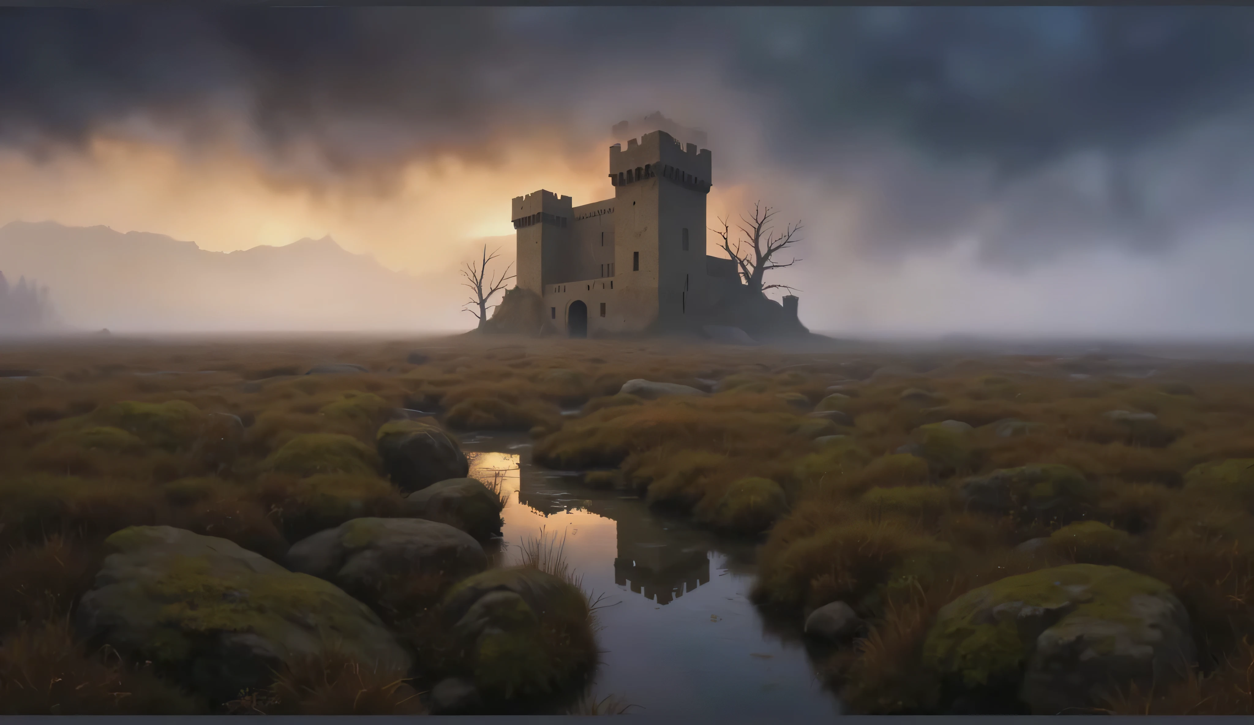 An old stone medieval castle overgrown with moss stands in the center of the frame in a swampy area surrounded by fog, stones and boulders are located around the castle, small puddles of swamp, in the foreground is a small pond overgrown with greenery. On the left side on the horizon is an old forest, trees without leaves, late autumn. Right side steppe and forest on the horizon. Gloomy evening picture. Faint light. Landscape in fog. On the left side on the horizon is an old forest, trees without leaves, late autumn. Right side steppe and forest on the horizon. Gloomy evening picture. Faint light. Landscape in fog. Cinematic evening lighting, realistic detailed image 4К, HQ.