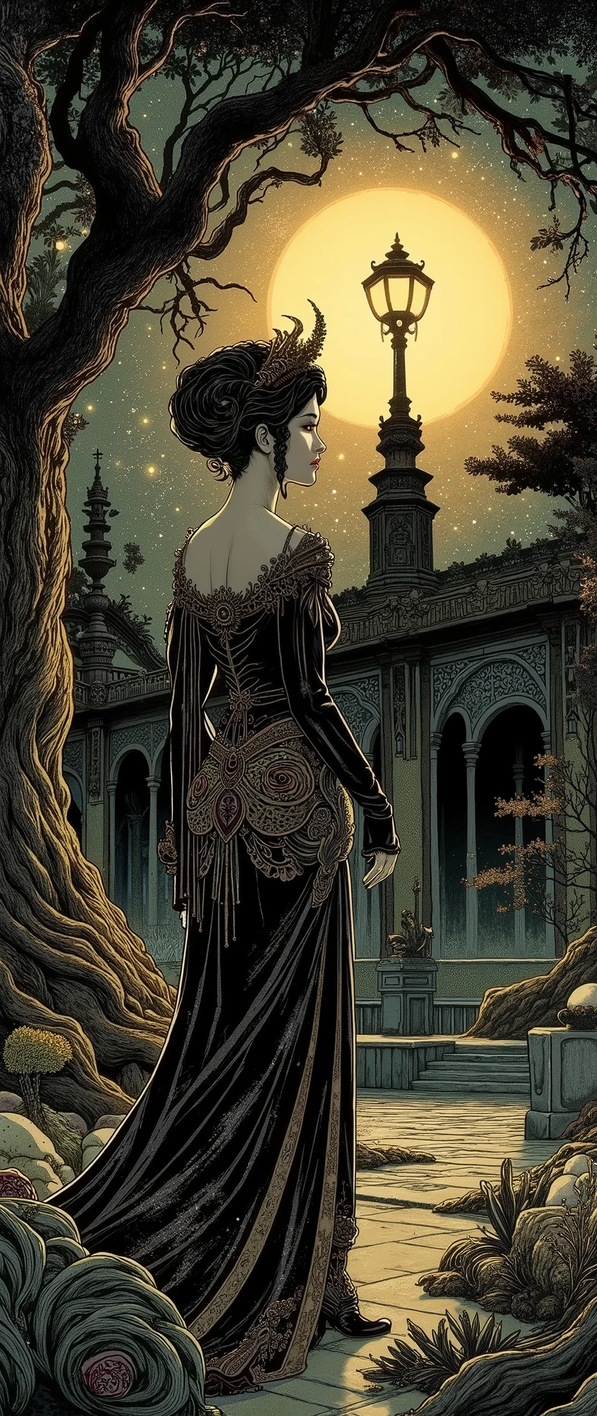 Full-length single female figure under a street lamp, Art Nouveau style, night, starry sky, detailed image, dramatic pose, fantasy elements, floral motifs, bright colors, intricate decorative patterns, high resolution, 8K, stylization, sepia, professional digital art
