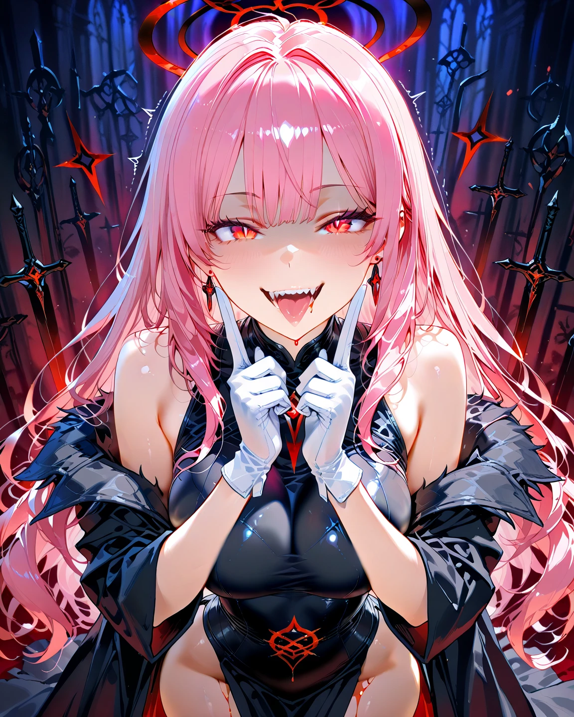 Master masterpieces，best qualityer，8K，stunning detailed，1girll，angelicales，The halo，Morbid maniacal laughter，Pink hair color，Red glowing pupils，ragged attire，Needle in hand，Solo 1.5，Chest 1.5，In the ward，Gloomy atmosphere