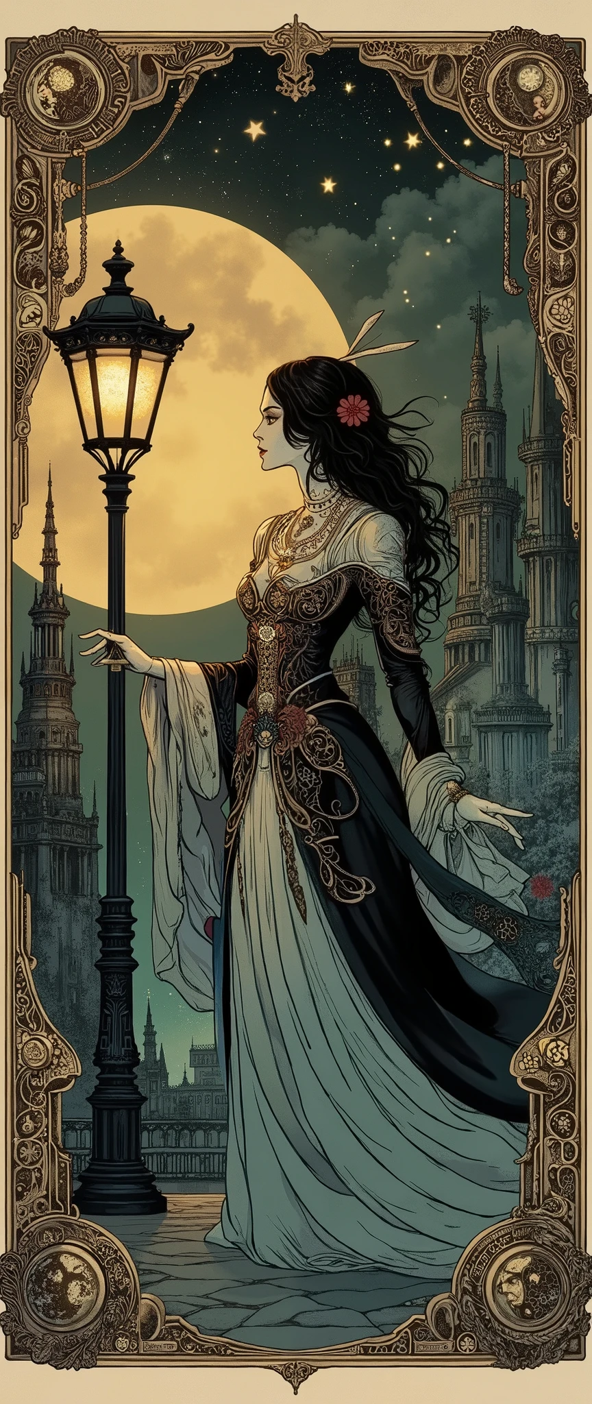 Full-length single female figure under a street lamp, Art Nouveau style, night, starry sky, detailed image, dramatic pose, fantasy elements, floral motifs, bright colors, intricate decorative patterns, high resolution, 8K, stylization, sepia, professional digital art
