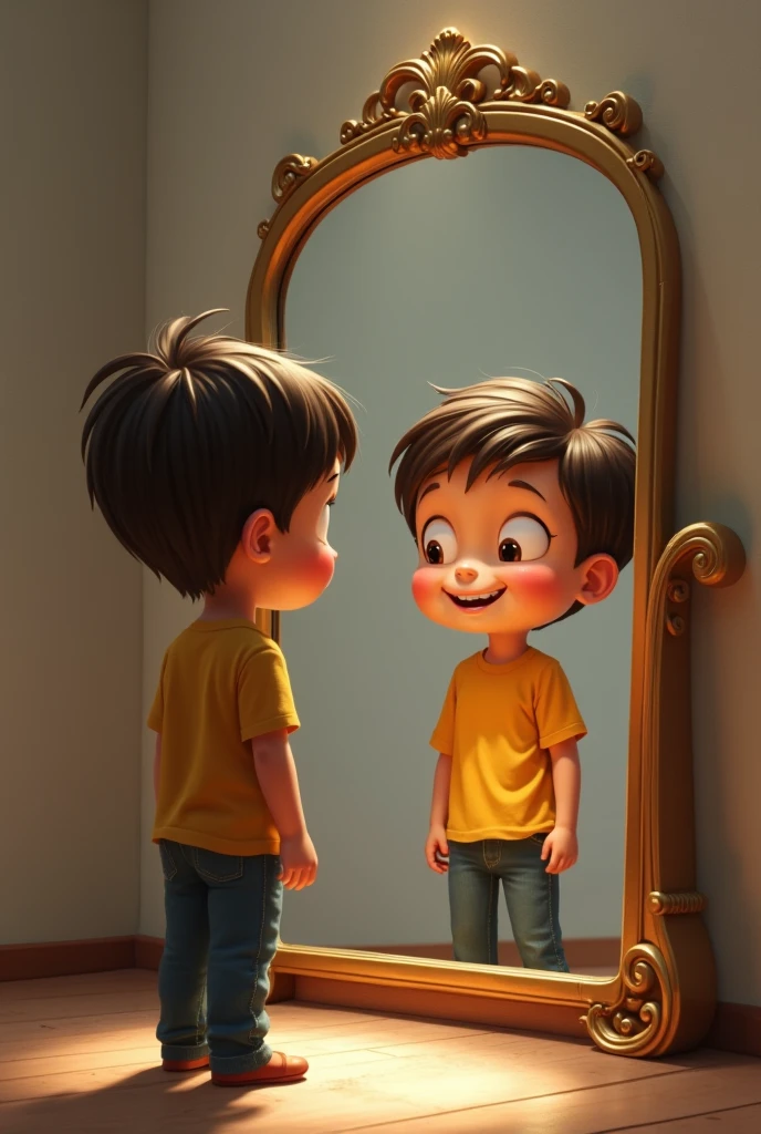 Image type: Pixar cartoon of a boy, short brown hair, big cage eyes, Expression of a happy and friendly child. The boy is standing in front of a mirror with a sad face and sees his reflection very thin and weak.