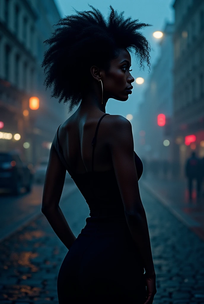 high-contrast monochrome photograph, silhouette of a beautiful woman in black lingerie stockings in paris, raining