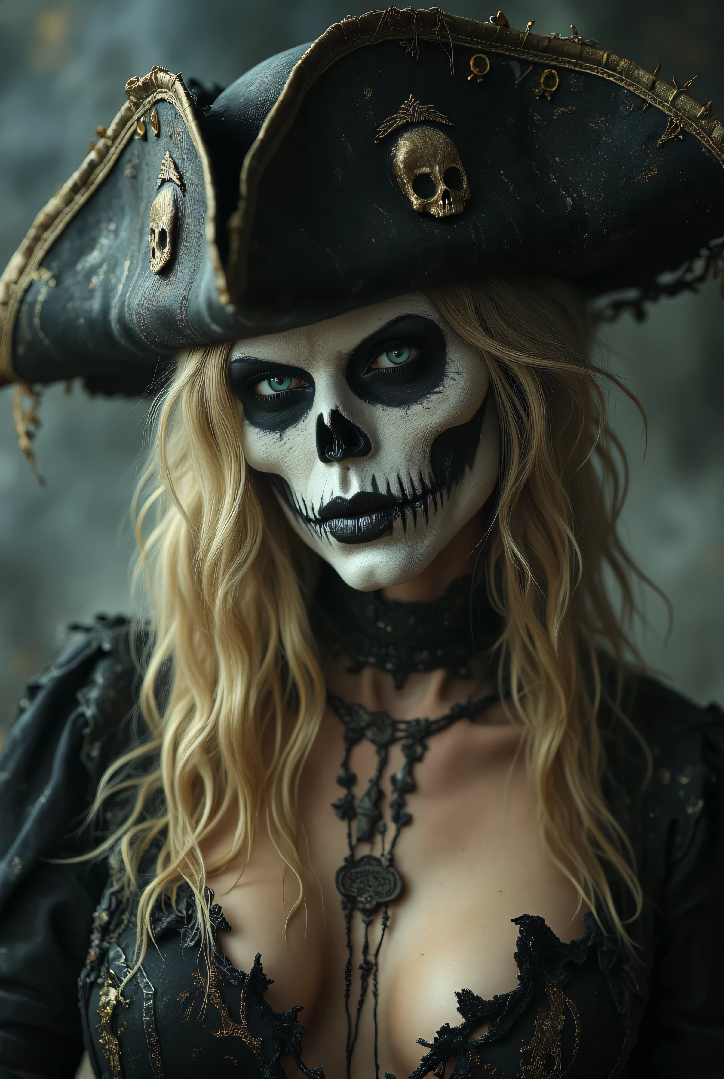 "A dark and eerie beautiful female pirate with realistic skull makeup on her face. She wears a worn and tattered pirate hat, with visible stitches and signs of decay. Her eyes are piercing and ghostly, a pale and unsettling color. Long, blonde, and unkempt hair falls over her shoulders. The outfit consists of dark, frayed, revealing fabrics with leather and metal details. The atmosphere is ominous and menacing, with dramatic lighting and a slight mist effect in the background. The portrait is a close-up, emphasizing the makeup and the intensity of her gaze and her slightly smile"