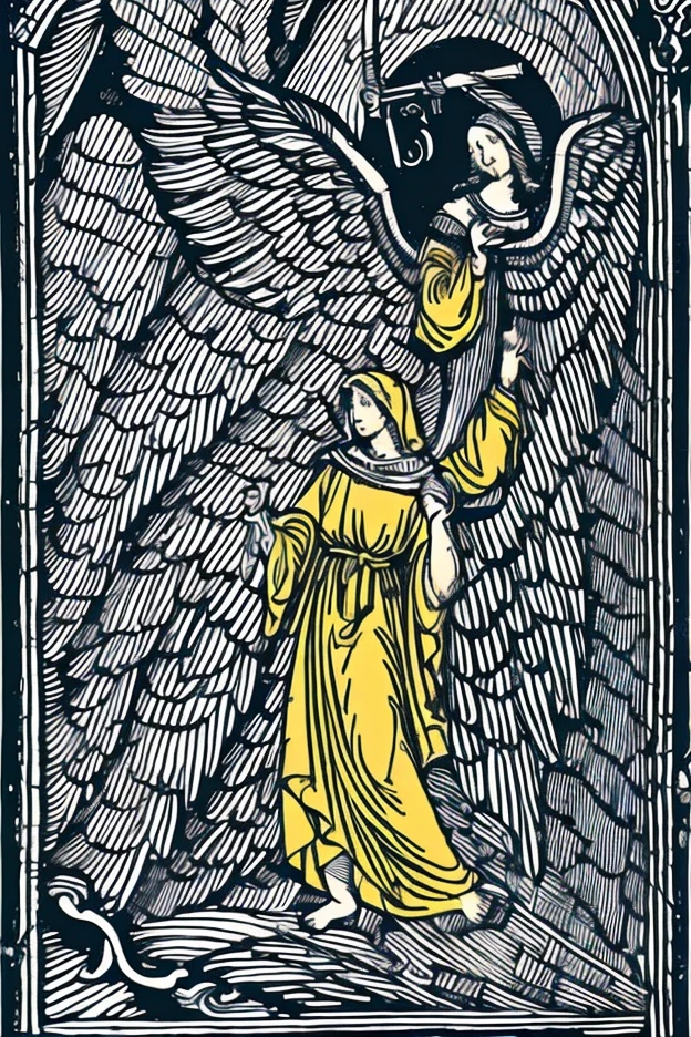 A medieval angel with majestic wings, dressed in pure white, with details in blood red and brilliant gold, surrounded by black shadows, carrying an ancient banner and a flaming sword. with a Templar soldier coming from a battle deep inside the Earth in hell red background