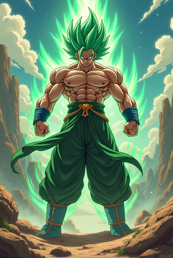 A photo of the character Gotenks doing double biceps and in the middle a very large word written Robe with a green and blue background 