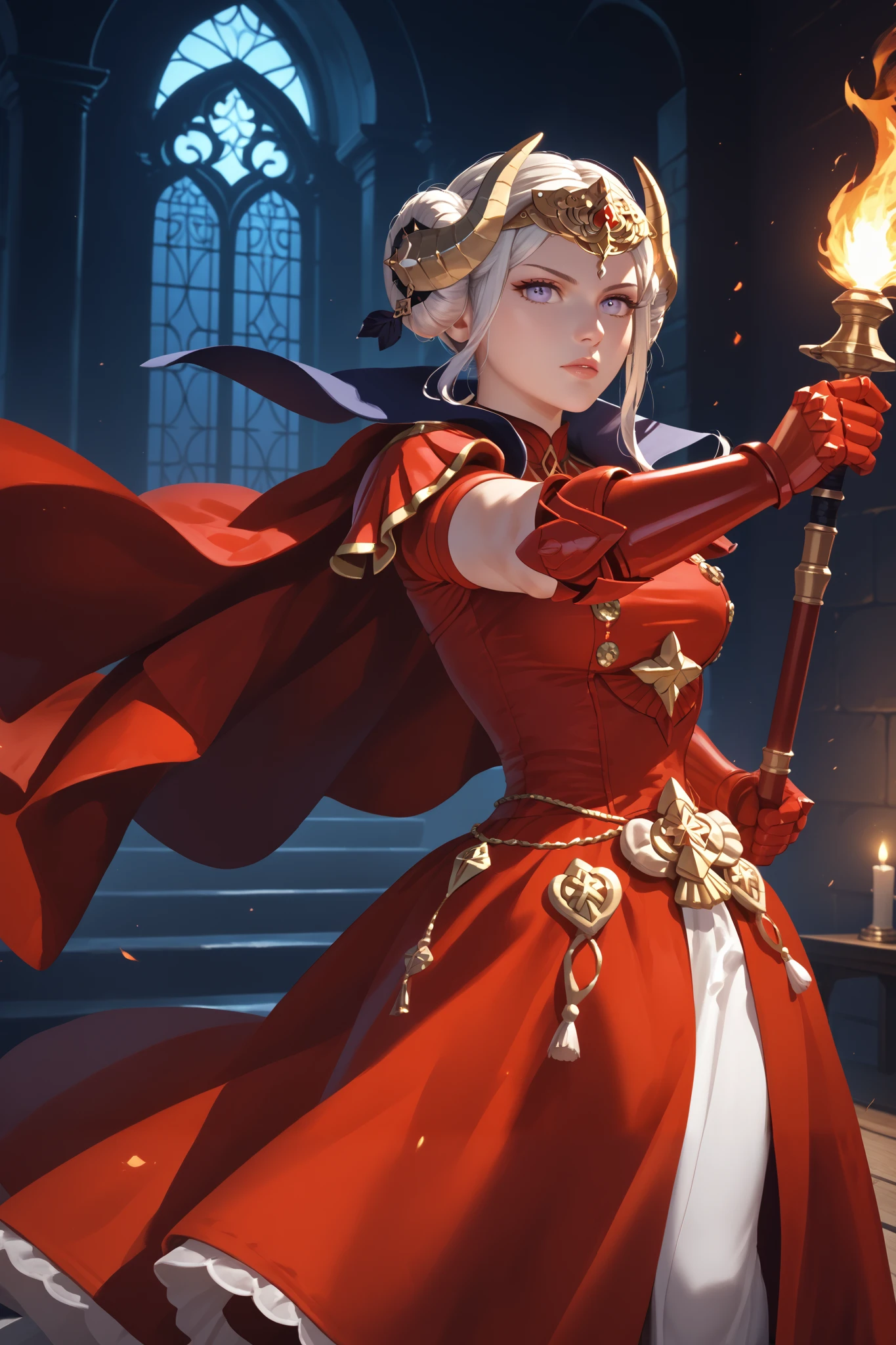masterpiece, beautiful, ultra-detailed, detailed face, 4k, hd, perfect lighting, best quality, score_9, score_8_up, score_7_up, score_6_up, 2d art, perfect hands, perfect eyes
((cowboy shot))
warEdel, double bun, fake horns, short hair, tiara, red dress, red cape, red gauntlets, long dress
1girl, fighting pose, serious look
fire emblem, daylight, nightmare, camp