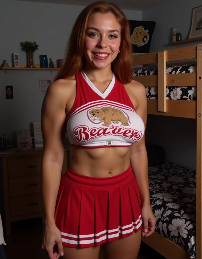 beautiful soccer player girl, curly red hair, beautiful smile, taking off her panties