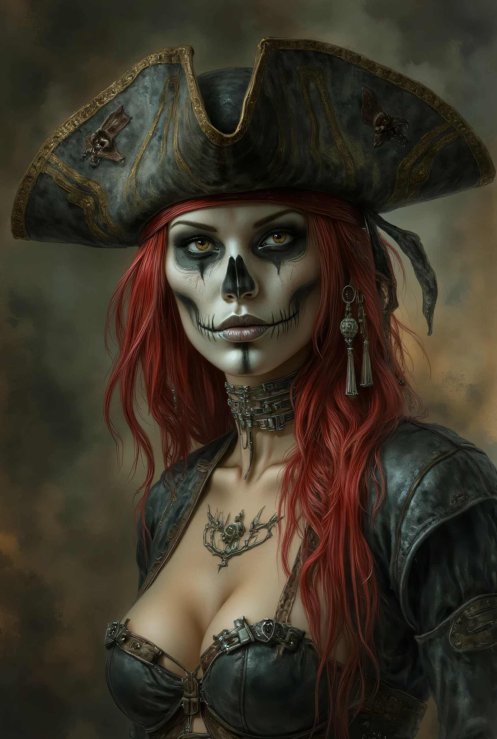 "A dark and eerie beautiful female pirate with realistic skull makeup on her face. She wears a worn and tattered pirate hat, with visible stitches and signs of decay. Her eyes are piercing and ghostly, a pale and unsettling color. Long, red, and unkempt hair falls over her shoulders. The outfit consists of dark, frayed, revealing fabrics with leather and metal details. The atmosphere is ominous and menacing, with dramatic lighting and a slight mist effect in the background. The portrait is a close-up, emphasizing the makeup and the intensity of her gaze and her sexy smile"